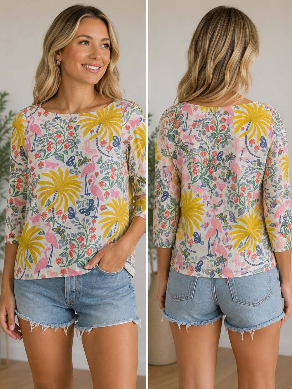 Boden Multicoloured Flamingo Floral Print 100% Linen 3/4 Sleeve Top
M49JC